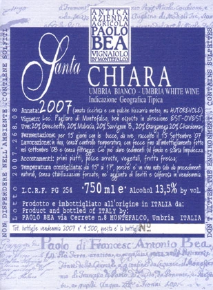 SantaChiara, Umbria Bianco IGT wine — Bea winery — Dionysus