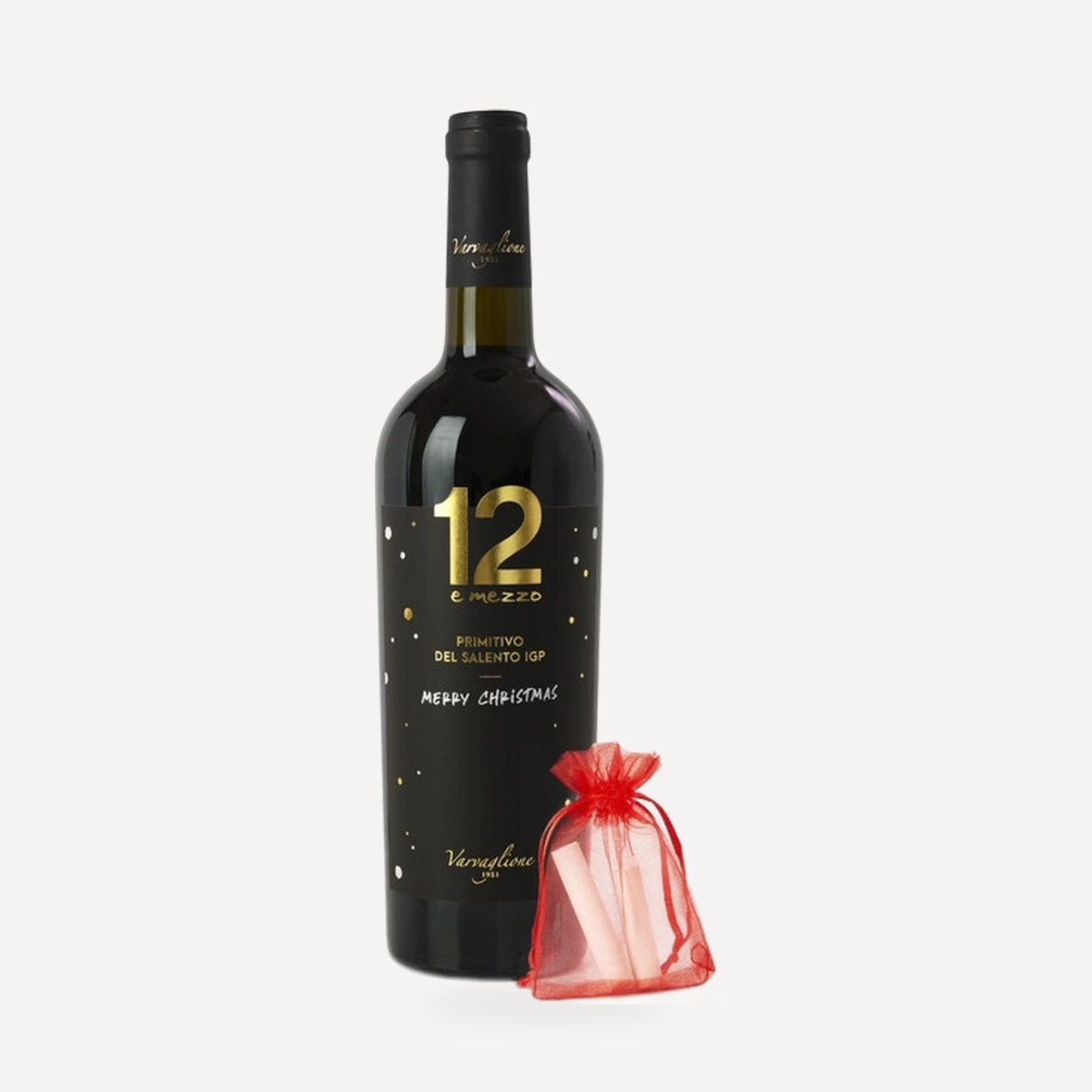 12 e Mezzo Primitivo del Salento Merry Christmas Design IGP wine — Varvaglione winery — Dionysus